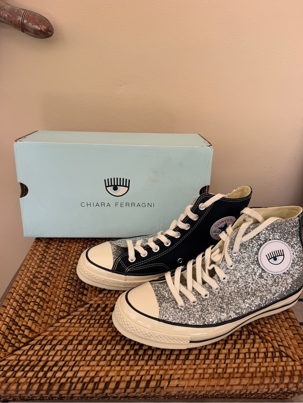 Chiara Ferragni Two-Tone High-Top Sneakers in Black & Silver Glitter